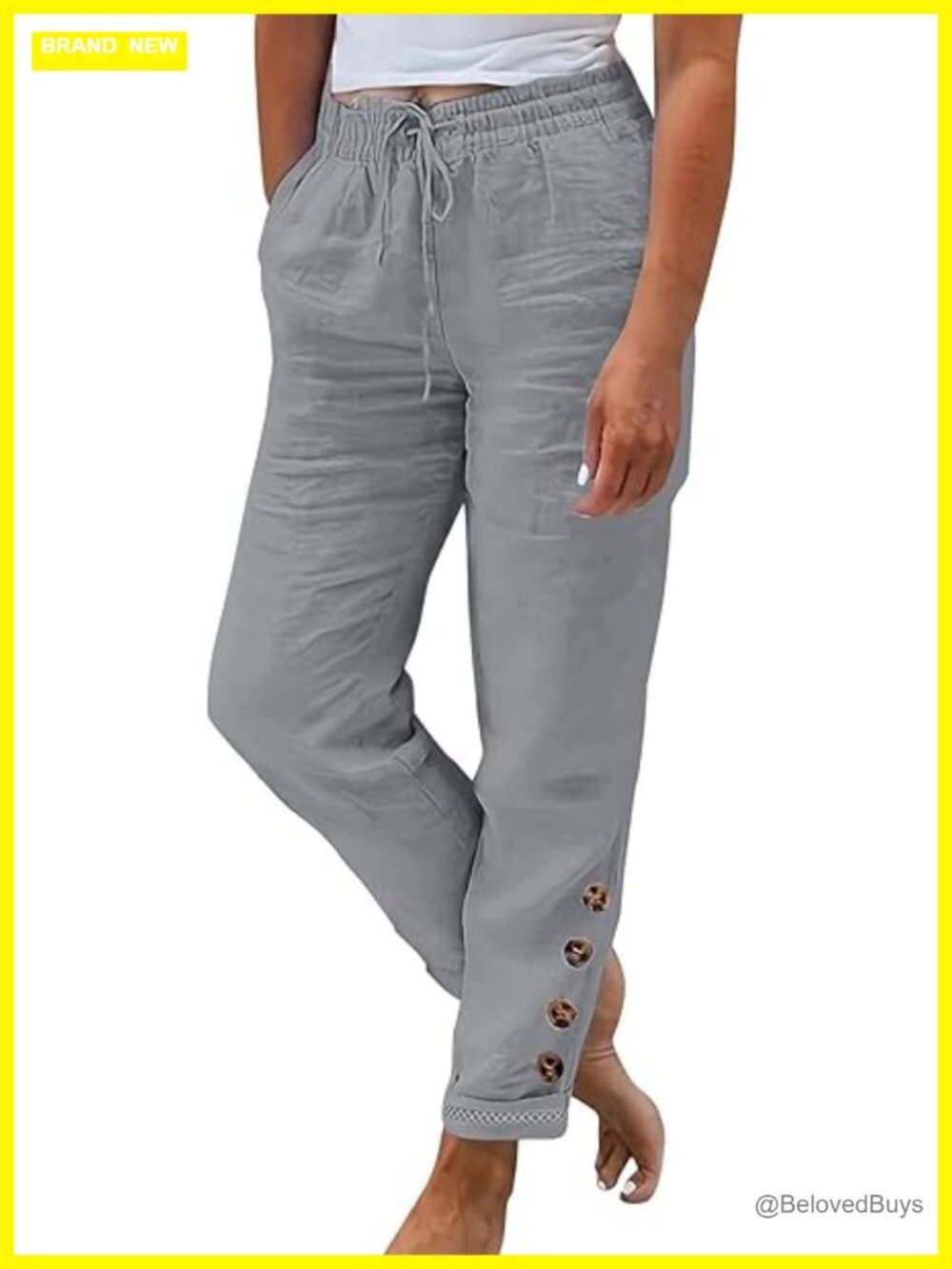 Women Linen Pants Summer Casual Drawstring Elastic Waist Capris Beachwear